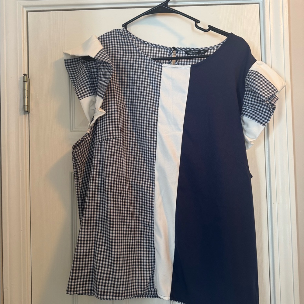 SHEIN Navy and White Patchwork Blouse